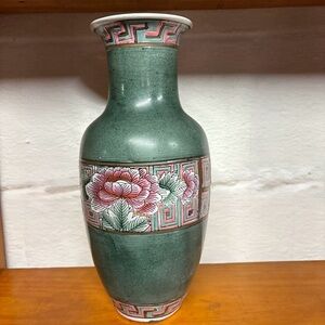 Elegant Chinese Ceramic Green and Pink Floral Vase 10” Tall
